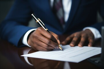 Poster - A man in a suit signing an important document. This image can be used to represent business, contracts, agreements, or legal proceedings.