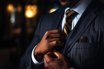 Poster - A man in a suit adjusting his tie. Suitable for business and professional concepts.