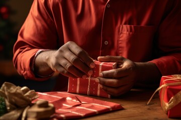 Poster - A man is pictured opening a red gift box on a table. This image can be used to depict the excitement and anticipation of receiving a gift. It is perfect for any occasion or celebration.
