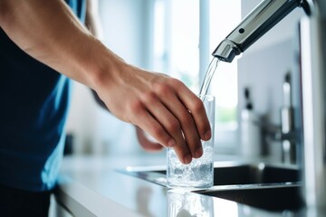 Poster - A person filling a glass of water from a faucet. Suitable for illustrating concepts related to hydration, water consumption, healthy lifestyle, and household activities.
