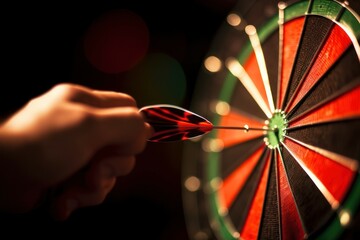 Poster - A person holds a dart in front of a dart board. This image can be used to represent the concept of aiming, precision, competition, or sportsmanship.