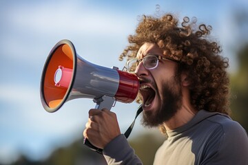 Poster - A powerful image of a man with curly hair passionately shouting into a megaphone. This picture captures the energy and intensity of someone expressing their voice. Perfect for illustrating activism, p