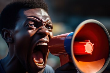 Poster - A man is seen shouting into a red and blue megaphone. This image can be used to portray concepts such as communication, protest, or public announcement.