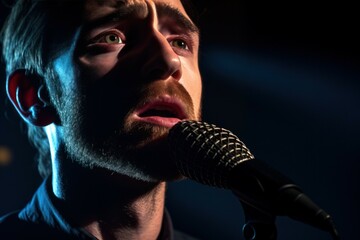 Fototapete - A man is shown holding a microphone in his hand. This image can be used for various purposes such as public speaking, presentations, interviews, or live performances.