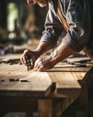 Wall Mural - A man is seen working on a piece of wood. This image can be used to depict woodworking, craftsmanship, or DIY projects.