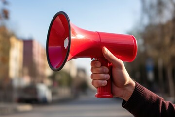 Aufkleber - A person holding a red megaphone in their hand. This image can be used to convey announcements, public speaking, or communication concepts.