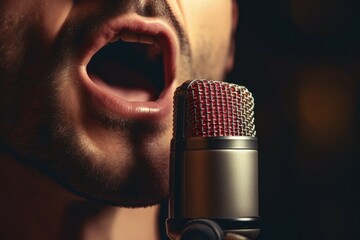 Poster - A man with his mouth open, singing into a microphone. This image can be used for music-related projects or events.