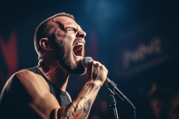 Poster - A man with a tattoo on his arm passionately sings into a microphone. This image can be used to depict a live performance, music event, or a talented vocalist expressing their passion through music.