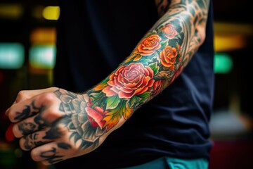 Poster - A picture of a man with a tattoo on his arm. This image can be used to depict a person with body art or to illustrate the concept of self-expression through tattoos.