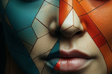 Poster - A close-up view of a person with their face painted. This image can be used for various purposes, such as Halloween parties, costume events, or artistic makeup tutorials.