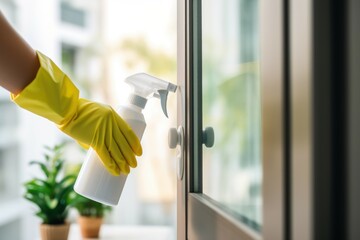 Poster - A person wearing yellow gloves is cleaning a window. This image can be used to illustrate window cleaning services or home maintenance tasks.