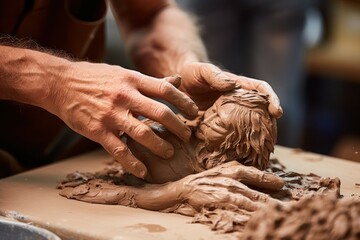Poster - A person is sculpting a statue of a man. This image can be used to depict creativity, artistry, craftsmanship, or the process of sculpting. It can also be used in articles or blogs about sculpting, ar