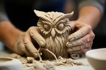 Poster - A person is shown creating a clay owl sculpture. This image can be used to showcase the process of sculpting with clay and to inspire creativity.