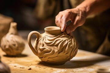 Poster - A person is seen creating a vase out of clay. This image can be used to showcase the art of pottery or as a representation of creativity and craftsmanship.