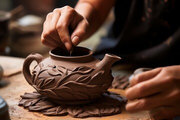 Poster - A person is shown making a clay teapot. This image can be used to showcase the art of pottery making or to illustrate a DIY project for creating handmade teapots.