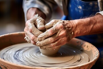 Poster - A person is shown in the process of making a bowl out of clay. This image can be used to showcase pottery making, art and crafts, or as a representation of creativity and craftsmanship.