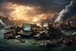 Depiction of a garbage dump with e-waste symbolizing the concerns of climate change, protecting the environment, and conserving water. Generative AI