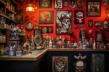 Poster - A bar with a variety of bottles and framed pictures displayed on the wall. Perfect for interior design projects or articles about nightlife establishments.