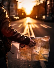 Aufkleber - A person is seen holding a map while standing on a city street. This image can be used to illustrate concepts such as navigation, travel, tourism, or exploring a new city.