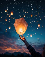 Poster - A person holding a sky lantern in their hand. This image can be used to depict a peaceful and magical moment, or to symbolize hope, dreams, and celebrations.