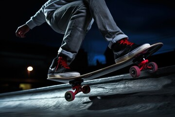 Wall Mural - A man is shown riding a skateboard on top of a ramp. This image can be used to depict skateboarding, extreme sports, or youth culture.