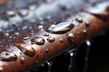 Canvas Print - A detailed view of water droplets on a pipe. This image can be used to depict concepts related to water conservation, plumbing, infrastructure, or environmental issues.