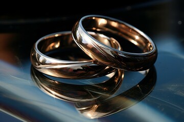 Poster - A couple of wedding rings sitting on top of a table. Perfect for wedding invitations or marriage-themed designs.