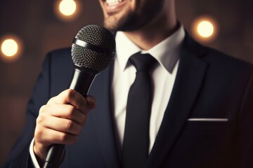 Aufkleber - A professional man in a suit holding a microphone. This image can be used for presentations, public speaking, interviews, or any event related to communication.