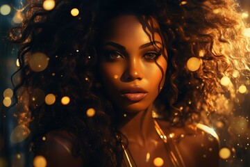 Poster - A picture of a woman with curly hair wearing a gold necklace. This image can be used to depict beauty, fashion, or style.