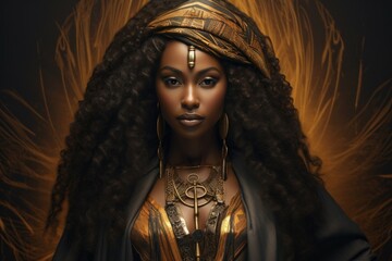 Poster - A woman wearing a stunning golden dress and a crown on her head. This image can be used to portray elegance, royalty, beauty, fashion, and luxury.