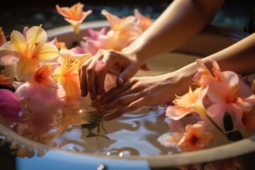 Fototapete - A person is seen washing their hands in a bowl of water. This image can be used to illustrate hygiene practices and personal cleanliness.