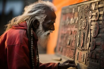 Poster - A man with long hair and a beard is seen carefully observing a piece of art. This image can be used to depict art appreciation, museum visits, or the contemplation of creativity.