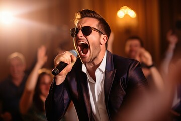 Canvas Print - A man dressed in a suit singing into a microphone. Suitable for music-related projects and performances.