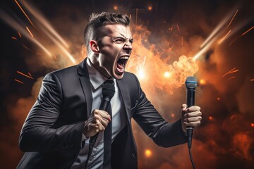 Poster - A professional man dressed in a suit and tie confidently holds a microphone. Perfect for presentations, public speaking, or corporate events.