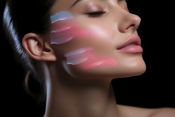 Poster - A close-up view of a woman with pink makeup. This vibrant and eye-catching image can be used for beauty and fashion campaigns, makeup tutorials, magazine covers, and social media posts.