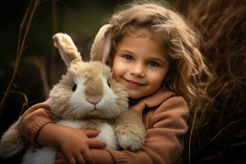 Poster - A sweet image of a little girl gently cradling a cute bunny in her arms. Perfect for children's books, Easter promotions, or animal-themed designs.