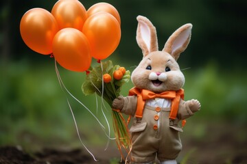 Poster - A cute stuffed rabbit holding a bunch of orange balloons. This image can be used for various occasions and themes, such as birthdays, celebrations, or as a symbol of joy and playfulness.