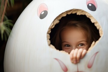 Poster - A little girl can be seen peeking out of an egg-shaped object. This image can be used to represent curiosity, new beginnings, or the concept of rebirth.