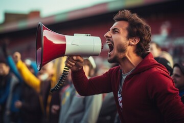 Poster - A man passionately using a megaphone to address a large crowd. This image can be used to depict public speaking, protests, rallies, or any situation requiring a powerful voice to be heard.