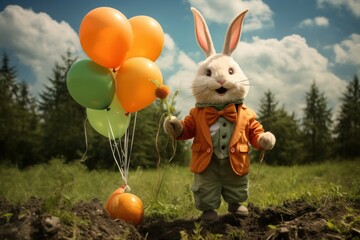Poster - A cute rabbit holding a bunch of colorful balloons. Perfect for birthday celebrations and children's parties.