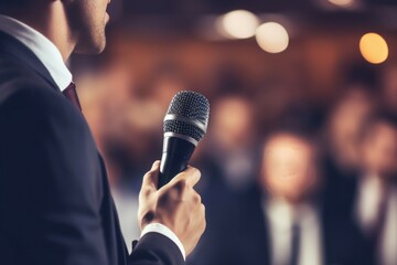Aufkleber - A professional man in a suit holding a microphone. Perfect for presentations, speeches, and public speaking events.