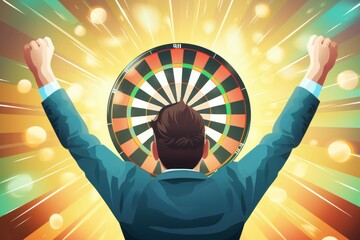 Poster - A man standing with his arms raised in front of a dart board. This image can be used to represent success, achievement, or celebration in various contexts.