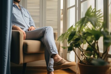 Poster - A man is pictured sitting in a chair in front of a window. This image can be used to depict relaxation, contemplation, or enjoying a view.