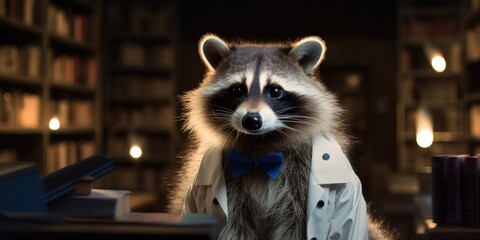 Poster - A raccoon wearing a white coat and a blue bow tie. Generative AI.