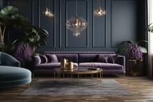Modern Lounge With Blue-gray Walls, Deep Purple Couch, Potted Green Plants, And Gold Accents. Generative AI