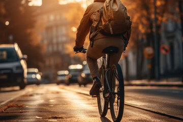 Canvas Print - A cyclist navigates through city streets, showcasing the alternative and eco-friendly mode of transportation that many embrace in their daily commutes. Generative Ai.