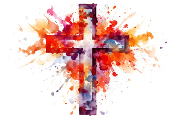 Wall Mural - Christian Cross Against Watercolor Red Splashes Isolated on White Background, Religious Symbol