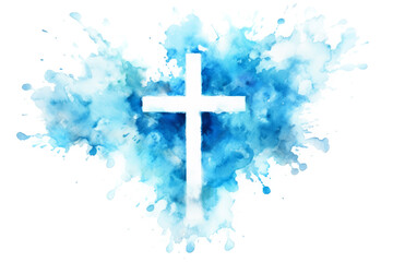 Wall Mural - Christian Cross Against Watercolor Blue Splashes Isolated on White Background, Religious Symbol