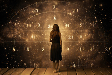 woman standing on wooden floor surrounded by magic numbers, fortune teller, numerology, predict futu