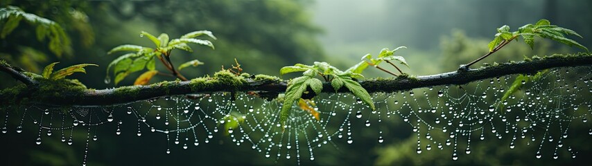 Close up of intricate spider webs, adorned with dewdrops, capture the essence of nature's artistry, with a misty forest setting the mood in the distance.  Ultra-wide, panorama